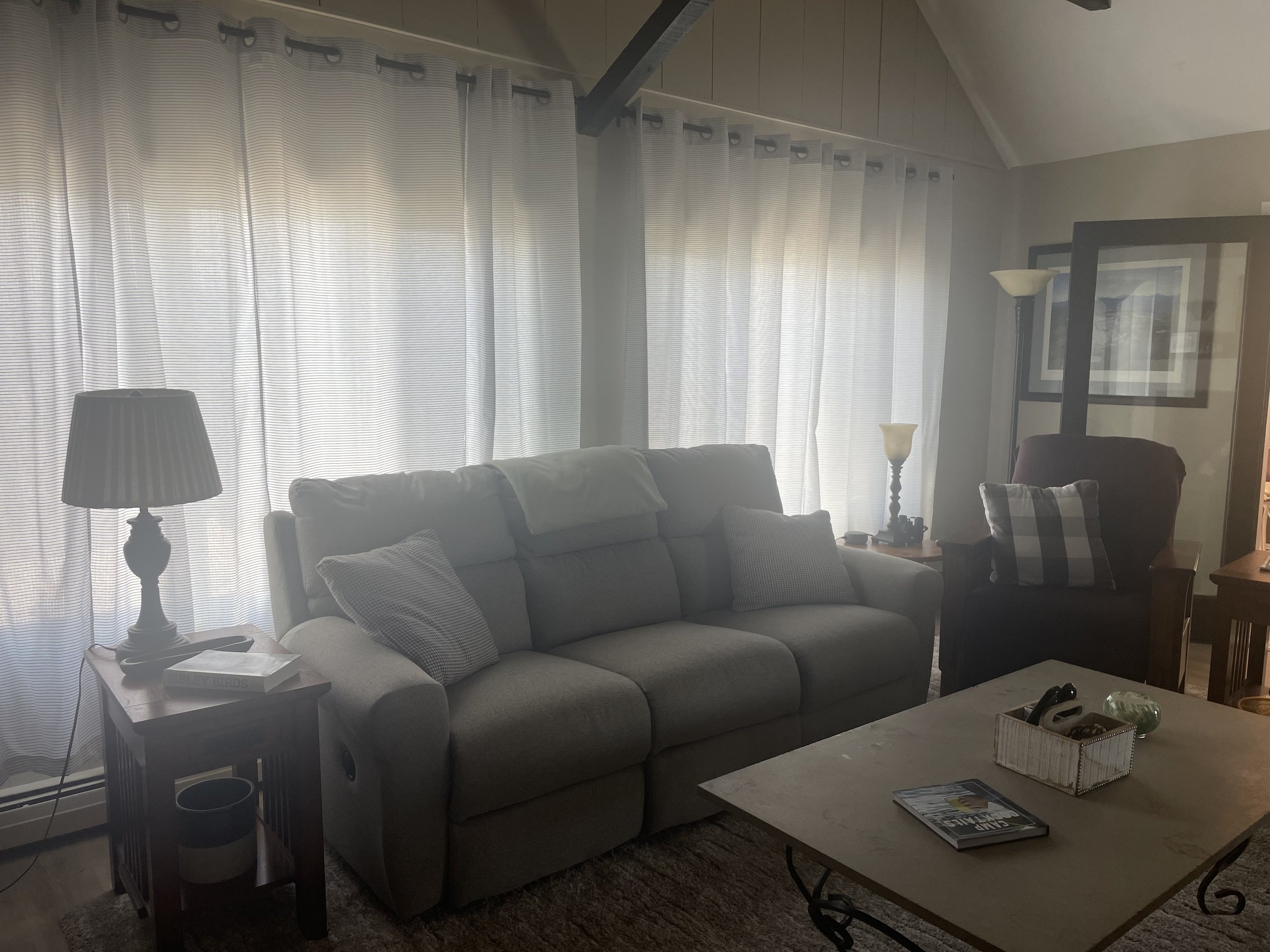 Sunlit sofa corner with checked pillows and a traditional table lamp