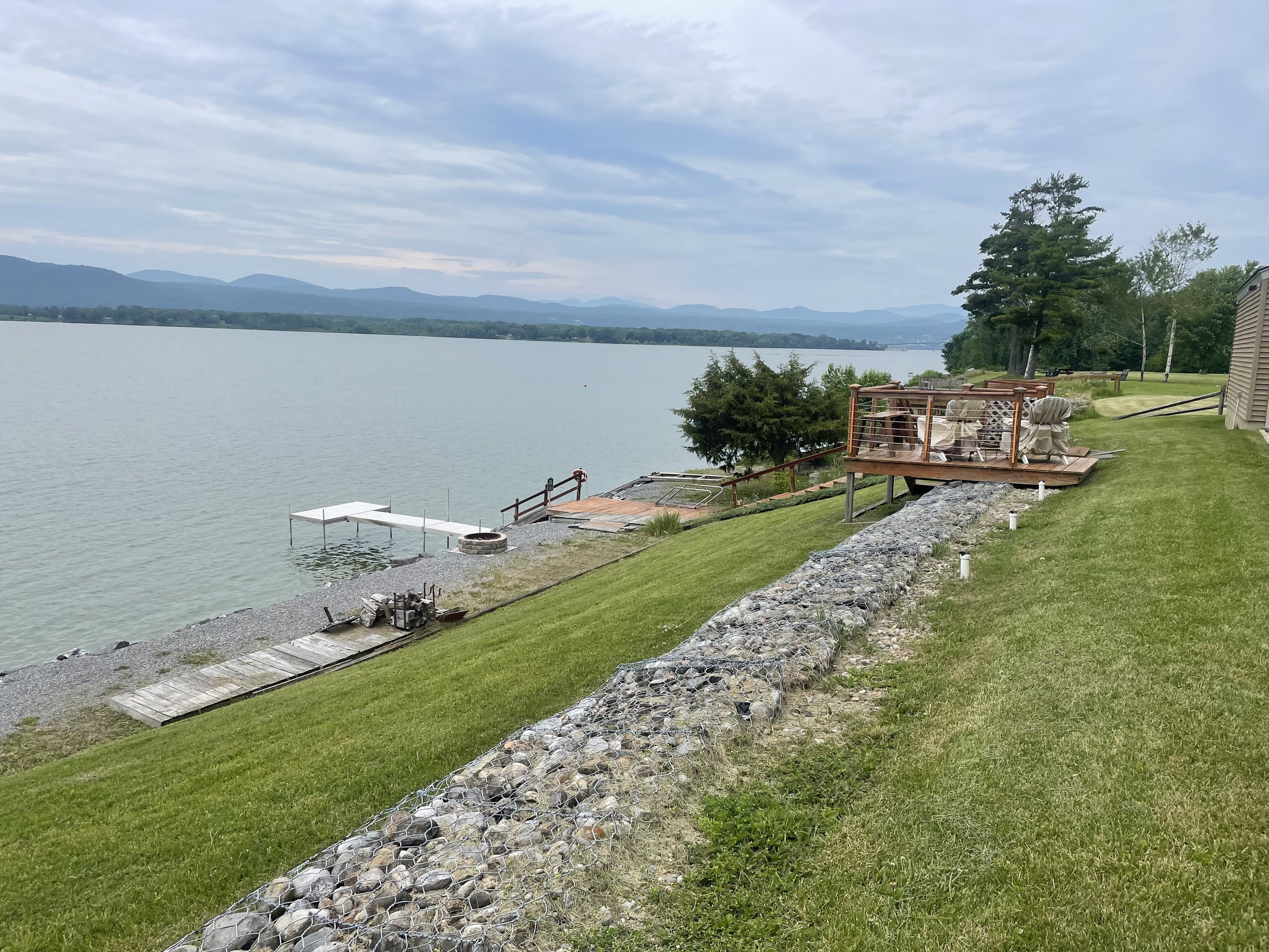 Shoreline rock work and dock construction along the property's lake frontage
